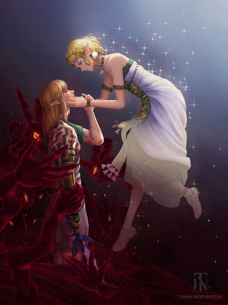 1boy 1girl ancient_set_(zelda) armlet bare_shoulders blonde_hair blood blood_on_face body_markings bracelet braid circlet commentary corruption crown_braid dress earrings english_commentary floating green_tunic hand_on_another&#039;s_arm hands_on_another&#039;s_cheeks hands_on_another&#039;s_face high_heels highres holding holding_another&#039;s_wrist holding_sword holding_weapon impaled injury jewelry link long_hair looking_at_another master_sword necklace nintendo parted_bangs pointy_ears princess_zelda profile severed_limb short_hair sidelocks single_bare_shoulder sparkle strapless strapless_dress sword the_legend_of_zelda the_legend_of_zelda:_tears_of_the_kingdom tommy_worthington tunic weapon white_dress