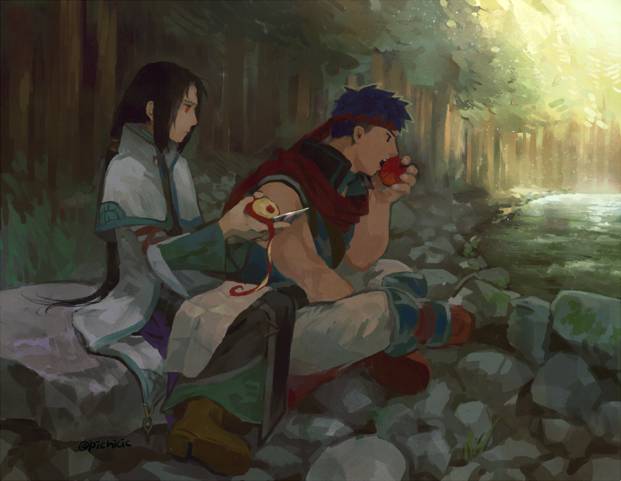 2boys apple apple_peel black_hair blue_hair boots brown_footwear cape capelet commentary_request eating fire_emblem fire_emblem:_radiant_dawn food fruit headband holding holding_food holding_fruit holding_knife ike_(fire_emblem) ike_(vanguard_legend)_(fire_emblem) indian_style knife long_hair male_focus multiple_boys nature nintendo official_alternate_costume outdoors peeling picnicic red_cape red_eyes red_headband short_hair sitting soren_(fire_emblem) soren_(radiant_confidant)_(fire_emblem) tree twitter_username