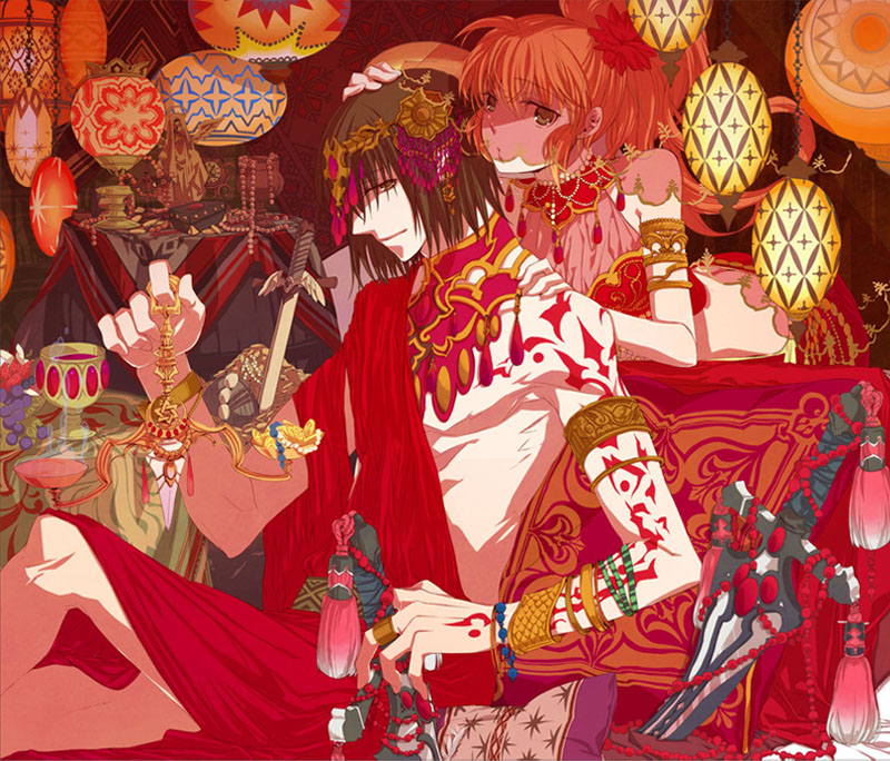 1boy 1girl ashton_anchors brown_hair chalice closed_mouth cup dagger flower hair_flower hair_ornament jewelry knife long_hair looking_at_viewer pillow precis_neumann smile star_ocean star_ocean_the_second_story weapon ycco_(estrella)