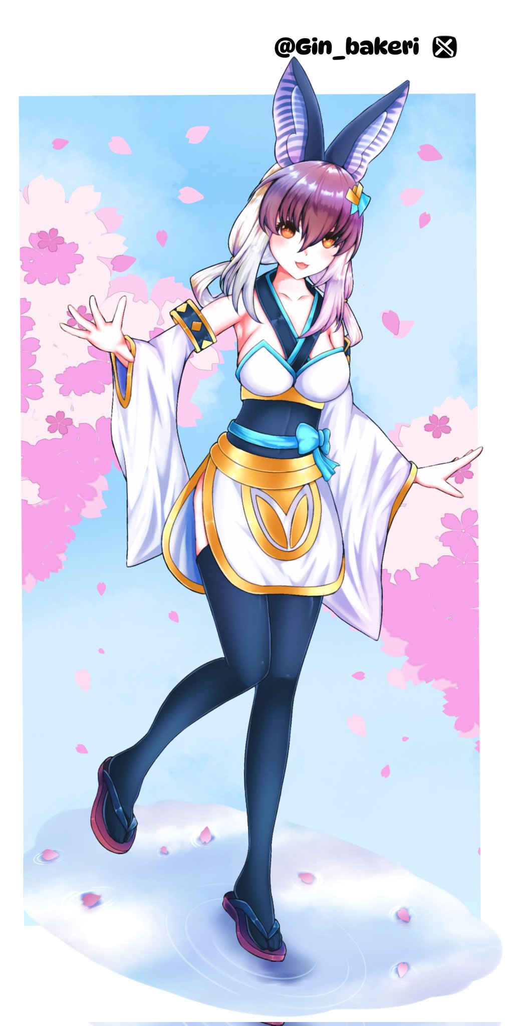 1girl animal_ears bare_shoulders bat_ears bat_girl brown_eyes brown_hair brown_long-eared_bat_(kemono_friends) cherry_blossoms extra_ears full_body gin_bakery grey_hair hair_ornament highres japanese_clothes kemono_friends kemono_friends_v_project kimono long_hair looking_at_viewer multicolored_hair ribbon sandals solo thighhighs two-tone_hair virtual_youtuber white_kimono zouri