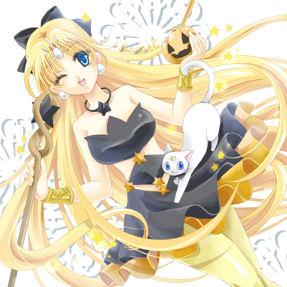 1girl ;d aino_minako artemis_(sailor_moon) bare_shoulders bishoujo_senshi_sailor_moon bishoujo_senshi_sailor_moon_s black_bow black_dress blonde_hair blue_eyes bow bracer cat circlet cosplay crescent crescent_facial_mark dress dutch_angle earrings facial_mark hair_bow happy jack-o&#039;-lantern jewelry long_hair magical_girl mimete_(sailor_moon) mimete_(sailor_moon)_(cosplay) neck necklace one_eye_closed open_mouth pantyhose pumpkin revealing_clothes shirataki_kaiseki signature smile staff standing star_(symbol) star_necklace strapless strapless_dress very_long_hair wink witches_5 yellow_pantyhose