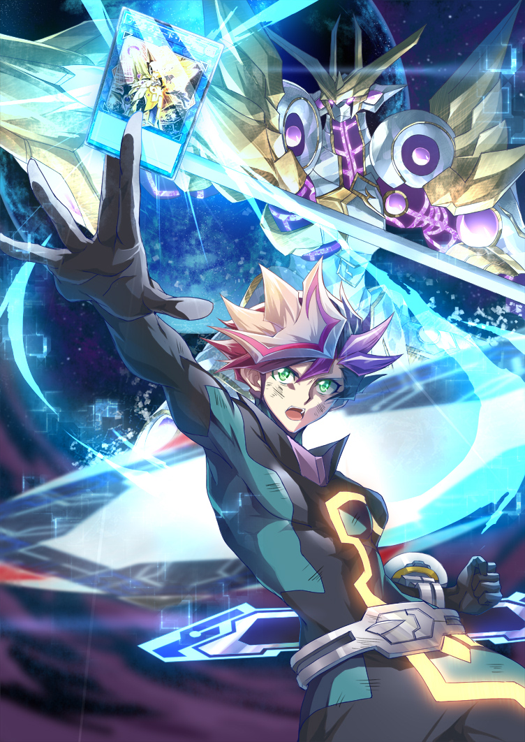 accesscode_talker black_bodysuit black_gloves bodysuit card duel_disk duel_monster fighting_stance foreshortening fujiki_yusaku gloves green_eyes holding holding_card light male_focus multicolored_hair open_mouth pink_hair playmaker_(yu-gi-oh!) spiked_hair tsuezu yu-gi-oh! yu-gi-oh!_vrains