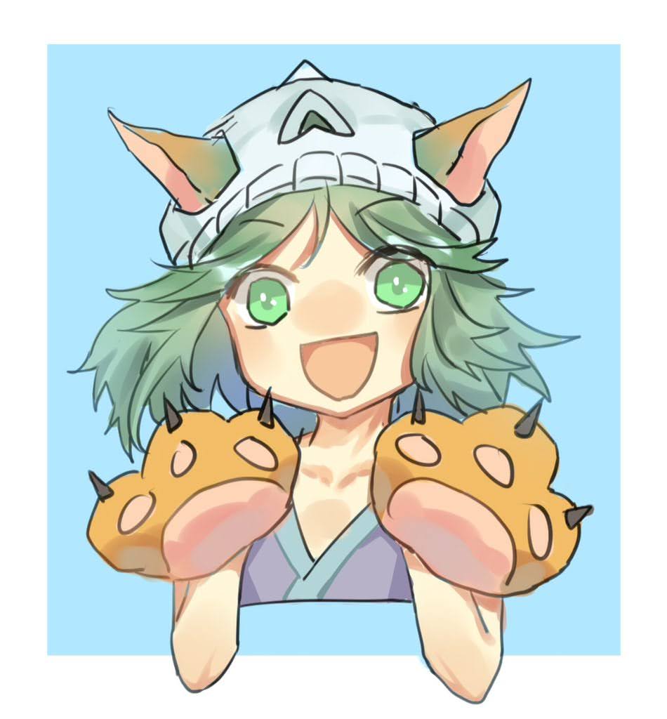 1other androgynous animal_ears animal_hands bad_id bad_twitter_id bare_arms bare_shoulders blue_background border brown_gloves collarbone cropped_torso dog_ears ears_through_headwear fake_claws gloves green_eyes green_hair happy hat japanese_clothes kemonomimi_mode kimono kitsugai_sese len&#039;en looking_at_viewer open_mouth other_focus outside_border paw_gloves paw_pose purple_kimono short_hair skull-shaped_hat sleeveless sleeveless_kimono smile solo wei_li white_border white_hat