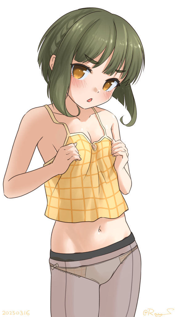 1girl bob_cut brown_eyes camisole green_hair kantai_collection meme navel next_time_you&#039;re_getting_this_(meme) one-hour_drawing_challenge panties panties_under_pantyhose pantyhose ray.s short_hair short_hair_with_long_locks sidelocks simple_background solo takanami_(kancolle) thick_eyebrows underwear white_background yellow_camisole yellow_panties