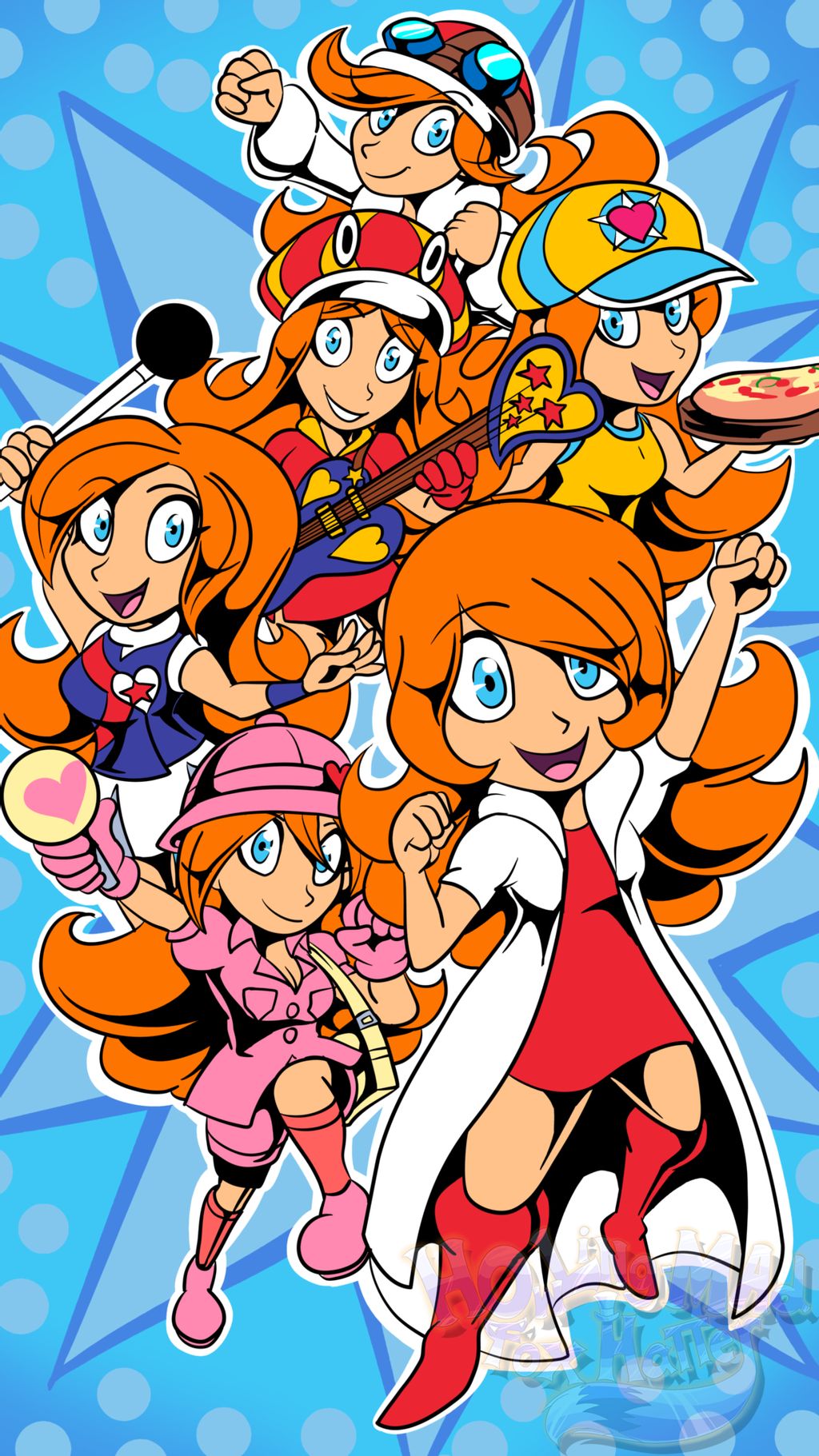 6+girls bag blue_eyes boots breasts cleavage coat cosplay custom dancer fashion food gloves goggles goggles_on_head grin guitar handbag hat helmet highres holding holding_food instrument long_hair looking_at_viewer model mona_(warioware) motorcycle_helmet multiple_girls nintendo open_mouth orange_hair pizza red_skirt shorts skirt smile warioware