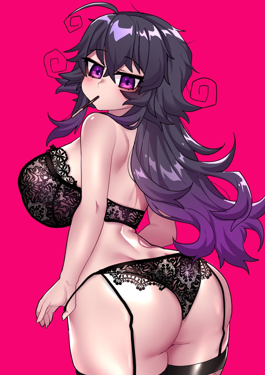 1girl ahoge ass back black_bra black_panties blush bra breasts crawling_dreams curvy food food_in_mouth garter_straps highres huge_breasts large_breasts lingerie long_hair looking_at_viewer magenta_background merryweather messy_hair nyarla_(osiimi) osiimi panties pink_background pocky purple_eyes purple_hair simple_background thick_thighs thighs underwear undressing wide_hips