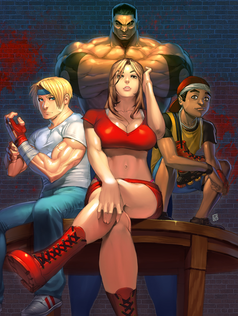1990s_(style) 1girl 3boys adidas axel_stone backwards_hat bandages bare_knuckle_ii:_shitou_he_no_chinkonka baseball_cap beads black_hair blaze_fielding blonde_hair blood blood_splatter blue_eyes boots bra bra_strap breasts brick_wall brown_eyes cleavage crop_top crossed_arms crossed_legs dark-skinned_male dark_skin denim eddie_&#039;skate&#039;_hunter elbow_pads everyone fingerless_gloves gloves hair_over_one_eye hand_on_leg hand_on_own_head hat headband highleg highleg_panties inline_skates jeans jewelry lace-up_boots large_breasts light_smile lips long_hair looking_at_viewer lost-tyrant max_hatchett max_thunder midriff miniskirt multiple_boys muscular navel necklace panties pants parted_lips pencil_skirt pink_panties red_gloves retro_artstyle roller_skates sammy_hunter scar scar_across_eye scar_on_face sega shirt shoes short_hair short_sleeves shorts sideburns signature sitting skate_hunter skates skirt smile sneakers squatting streets_of_rage streets_of_rage_2 t-shirt table tank_top taut_clothes taut_shirt thong toned toned_female topless_male underwear veins white_bra