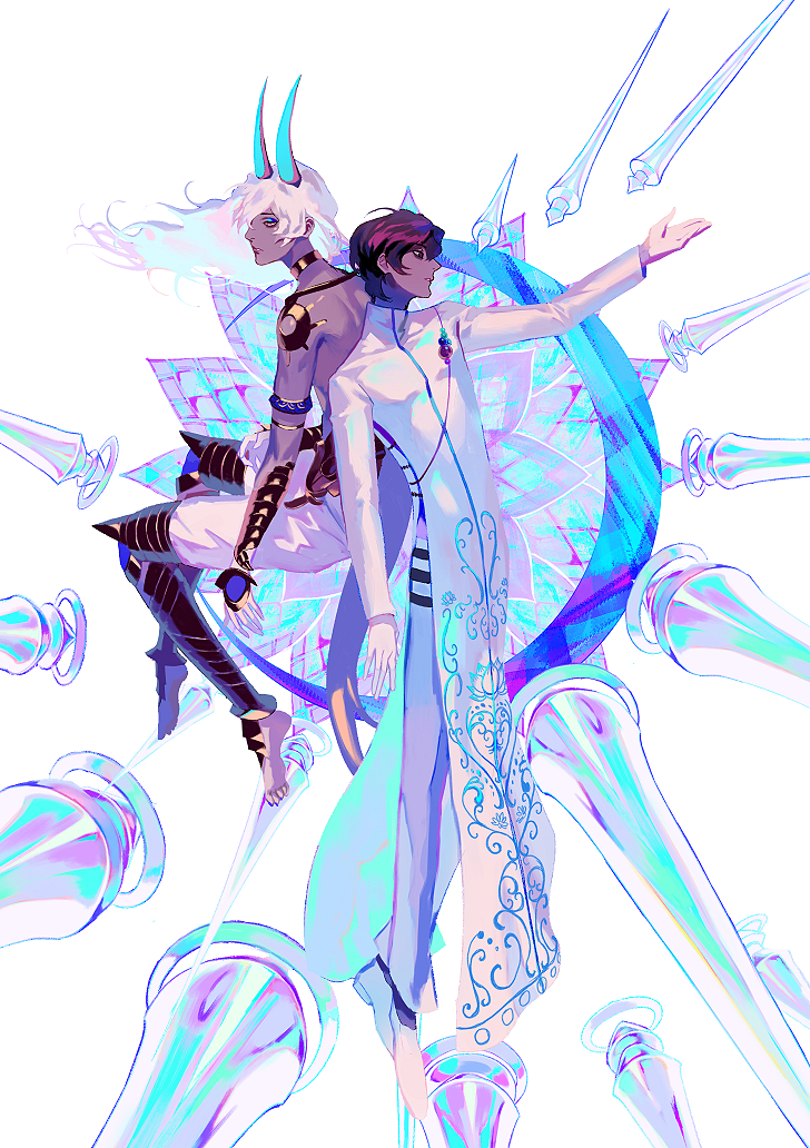 1boy arjuna_(fate) arjuna_alter_(fate) bishounen black_eyes black_hair daeraeband dark-skinned_male dark_skin fate/grand_order fate_(series) gloves indian_clothes long_hair male_focus short_hair weapon white_hair