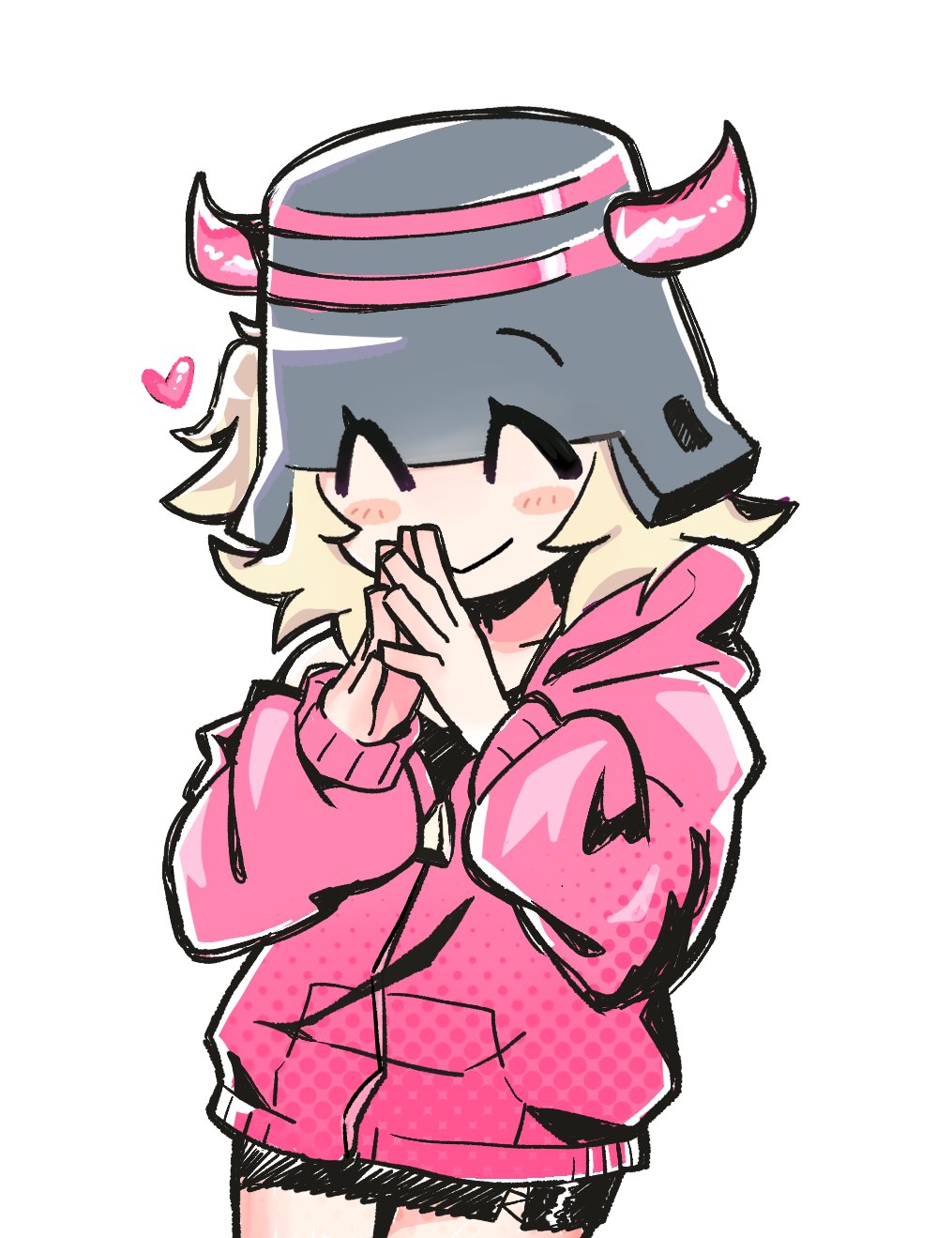 1girl ^_^ artist_self-insert black_shirt black_skirt blonde_hair closed_eyes closed_mouth cowboy_shot cross-laced_slit fake_horns grey_hat halftone hands_up hat heart highres hood hood_down hooded_jacket horned_headwear horns jacket long_sleeves medium_hair miniskirt one_side_up own_hands_together pink_horns pink_jacket player_character_(roblox) puffy_long_sleeves puffy_sleeves roblox ryoko6318 shirt side_slit simple_background skirt smile solo standing steepled_fingers white_background
