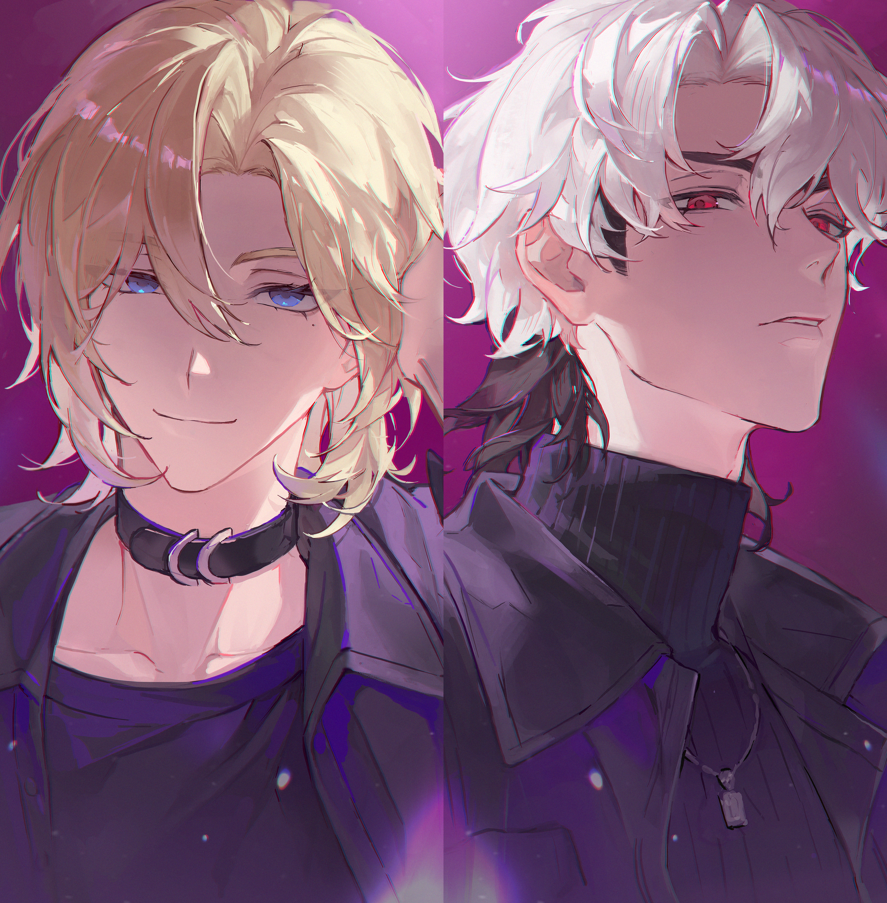 2boys absurdres black_choker black_jacket black_shirt blonde_hair blue_eyes choker eunho_(plave) hair_between_eyes hand_on_own_head highres jacket jewelry k-pop looking_at_viewer male_focus medium_hair mole multiple_boys necklace noah_(plave) parted_bangs plave purple_background red_eyes shirt smile turtleneck ven0305 white_hair