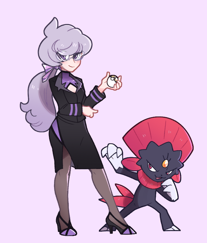 1girl anabel_(pokemon) claws cleavage_cutout clothing_cutout collarbone cosplay forehead_jewel full_body gen_4_pokemon glasses high_heels holding holding_poke_ball lorelei_(pokemon) lorelei_(pokemon)_(cosplay) nintendo poke_ball pokemon pokemon_(creature) pokemon_lgpe pokemon_sm purple_hair red_eyes smile ultra_ball vergolophus weavile