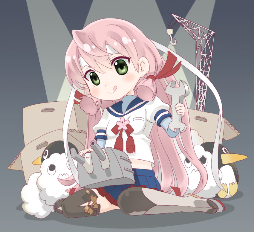 1girl adapted_turret akashi_(kancolle) blue_sailor_collar blue_skirt blunt_tresses box cannon cardboard_box crane_(machine) failure_penguin green_eyes grey_background hair_ribbon headband kantai_collection kujira_naoto long_hair long_sleeves miss_cloud pink_hair pleated_skirt red_ribbon ribbon sailor_collar school_uniform serafuku ship_turret simple_background sitting skirt solo tress_ribbon wardrobe_malfunction wariza white_headband wrench