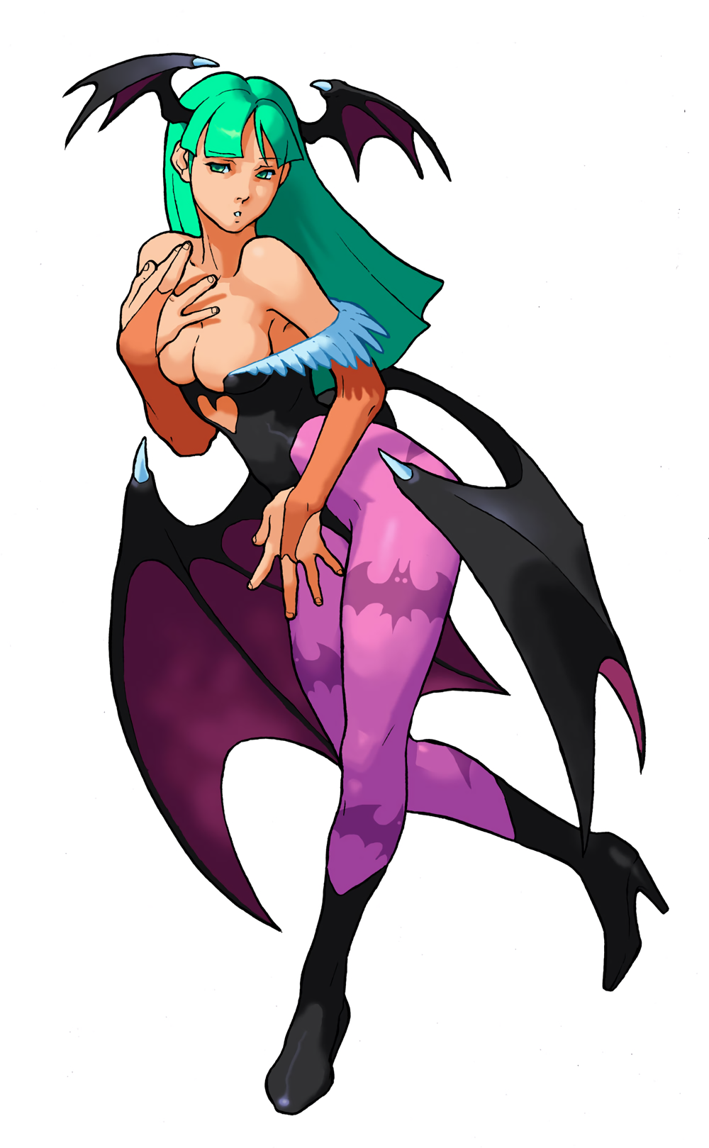 1girl animal_print armpits bare_shoulders bat_print bat_wings bengus black_boots black_leotard black_wings blunt_bangs blunt_ends boots breasts bridal_gauntlets capcom cleavage clothing_cutout cosplay darkstalkers demon_girl feathers female_focus from_side full_body green_eyes green_hair hand_on_own_chest head_wings heart heart_cutout high_heel_boots high_heels highleg highleg_leotard highres leaning_forward leotard looking_at_viewer low_wings matching_hair/eyes medium_breasts morrigan_aensland morrigan_aensland_(cosplay) official_art pantyhose parted_lips print_pantyhose purple_pantyhose simple_background solo standing vampire_savior:_the_lord_of_vampire white_background wings