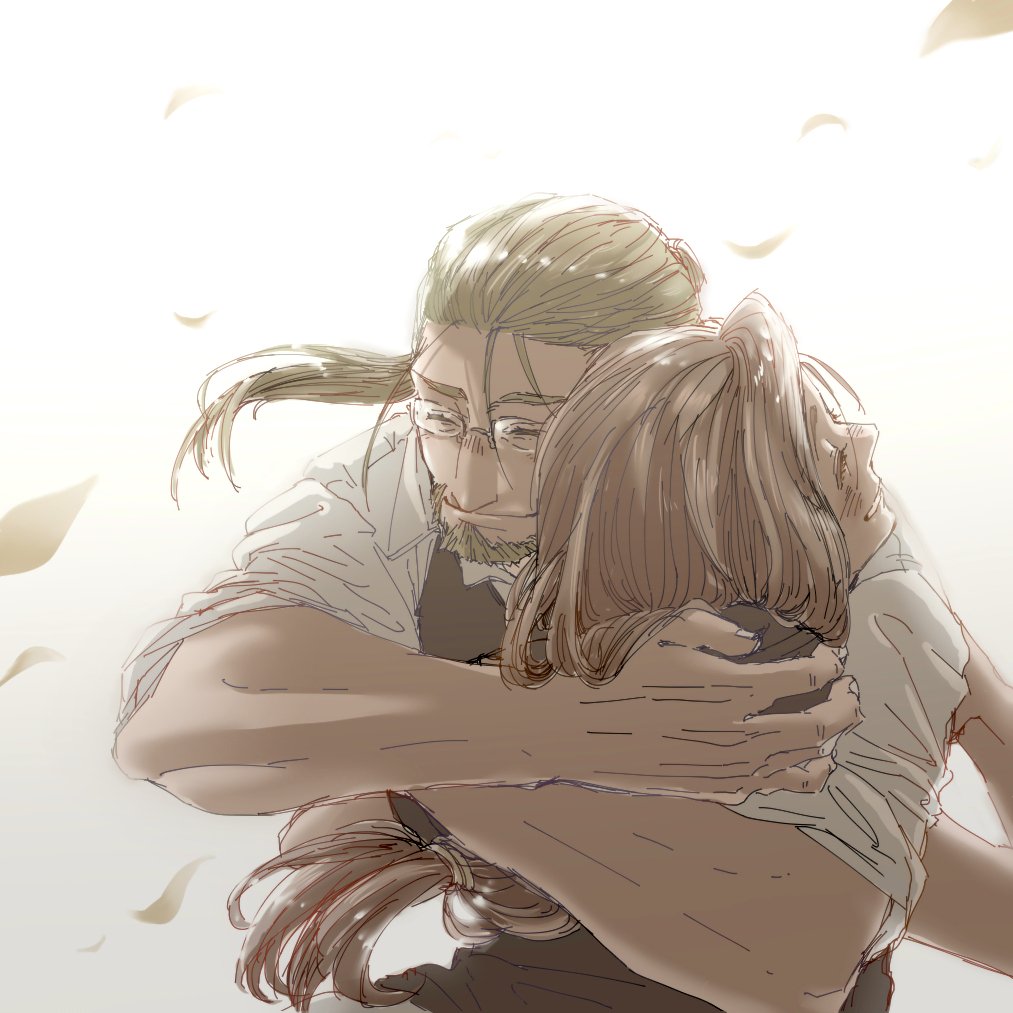 1boy 1girl beard beige_background blonde_hair brown_hair closed_eyes couple dress_shirt eyelashes facial_hair facing_away fingernails floating floating_hair from_behind fullmetal_alchemist glasses gradient_background grey_background hands_on_another&#039;s_back happy hetero hug kachohuugetsu leaf long_hair ponytail profile shirt simple_background sleeves_rolled_up smile teeth trisha_elric upper_body van_hohenheim white_background white_shirt wind wind_lift