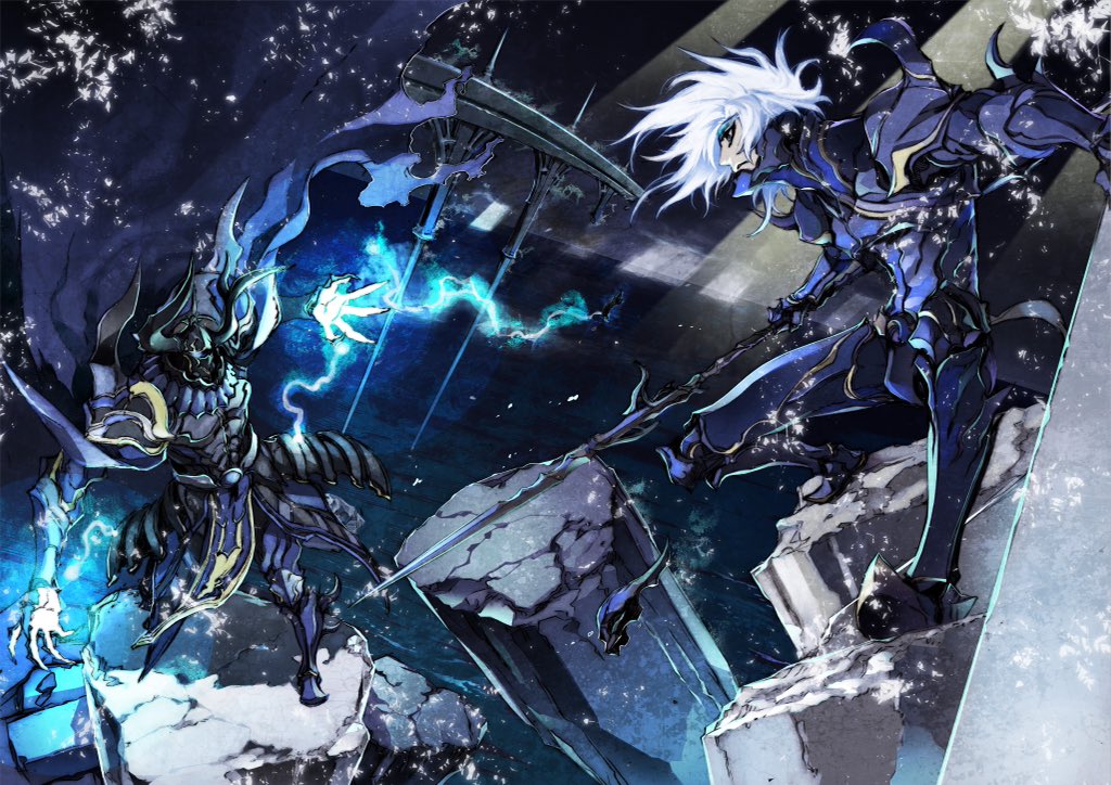 2boys armor blue_fire cape cecil_harvey dark_paladin dissidia_final_fantasy fake_horns final_fantasy final_fantasy_iv fire floating_rock full_armor golbez helmet horned_helmet male_focus miwa_shirow multiple_boys sword weapon white_hair