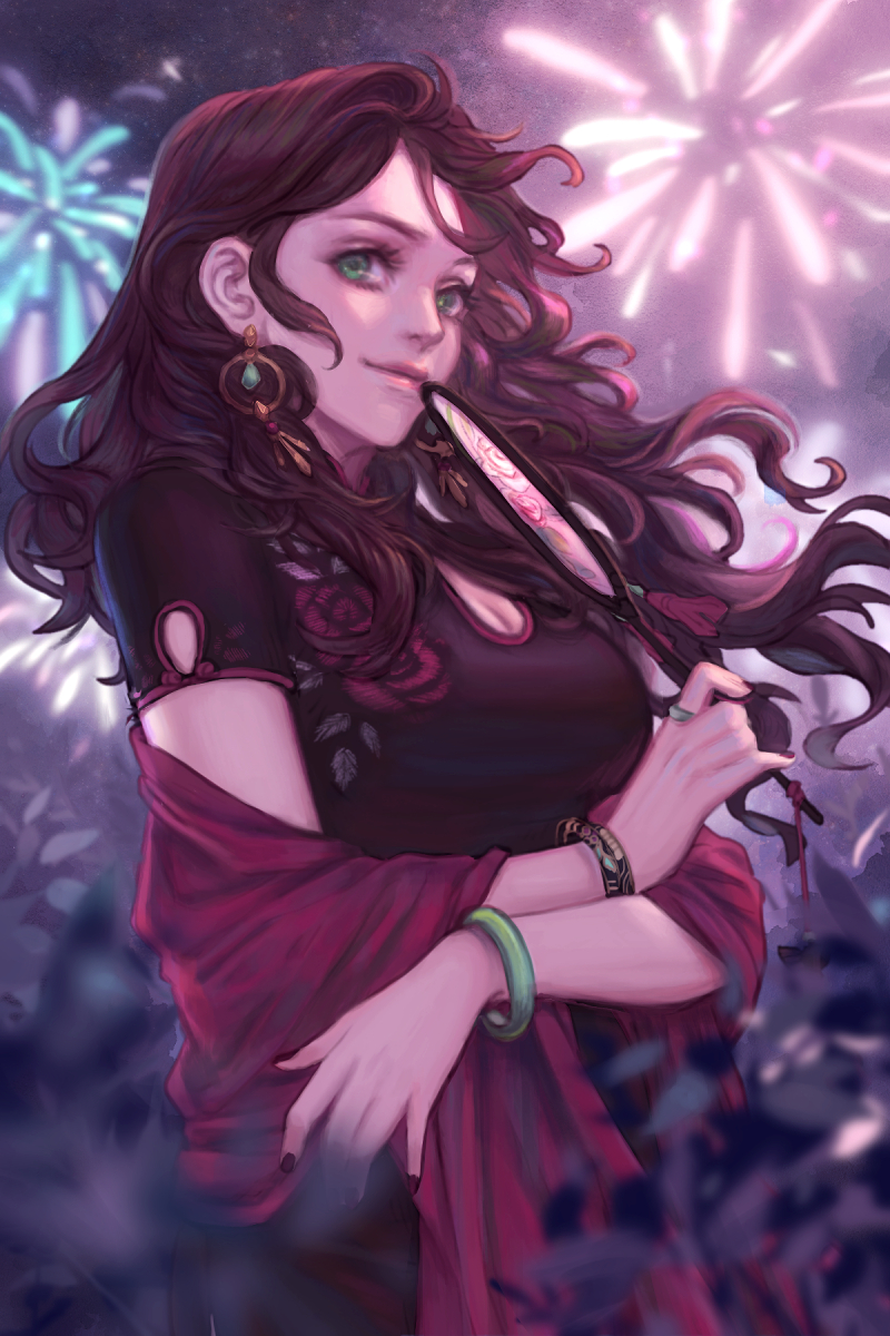 1girl aerial_fireworks bangle black_shirt bracelet breasts brown_hair cleavage cleavage_cutout clothing_cutout commentary dorothea_arnault earrings english_commentary faithom fire_emblem fire_emblem:_three_houses fireworks floral_print green_eyes highres holding jade_bangle jewelry long_hair looking_at_viewer nail_polish night night_sky nintendo red_shawl rose_print shawl shirt sky smile thick_lips