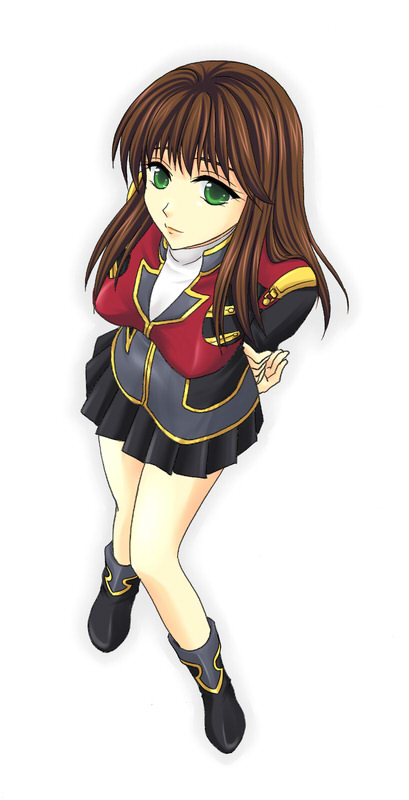 1girl arms_behind_back bad_id bad_pixiv_id banpresto breasts brown_hair female_focus from_above full_body gradient_background green_eyes large_breasts legs setsuko_ohara shiwa_(utaha) skirt solo super_robot_wars super_robot_wars_z super_robot_wars_z1 thighs uniform