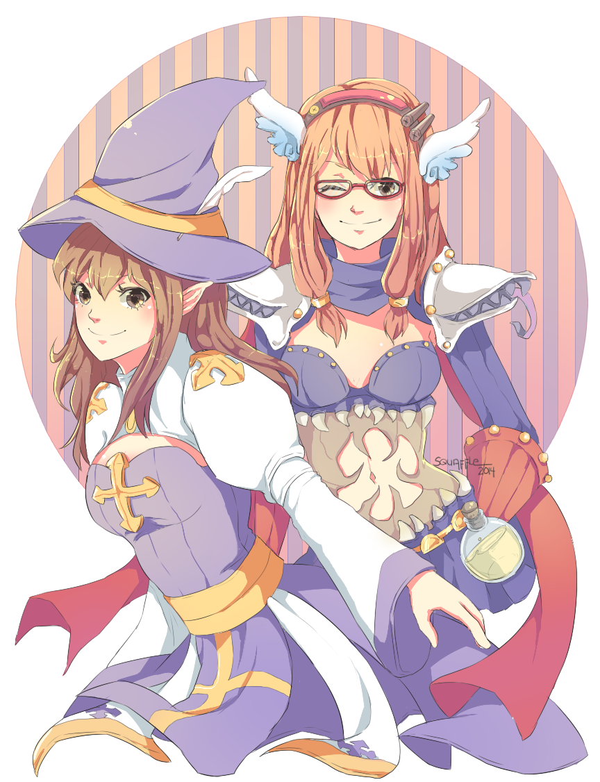 2girls arch_bishop_(ragnarok_online) armor blue_dress blue_hat blue_shirt blue_skirt blush breasts brown_eyes brown_hair cleavage_cutout closed_mouth clothing_cutout commentary corked_bottle cowboy_shot crop_top cross dress english_commentary genetic_(ragnarok_online) glasses hat juliet_sleeves long_hair long_sleeves looking_at_viewer medium_breasts multiple_girls navel one_eye_closed pauldrons pointy_ears potion puffy_sleeves ragnarok_online red-framed_eyewear sash shirt shoulder_armor skirt smile squaffle1 teeth two-tone_dress white_dress witch_hat yellow_sash