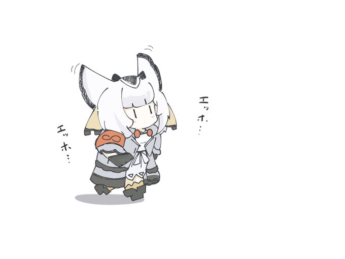1girl arknights black_boots black_gloves boots chibi commentary_request dress gloves grey_jacket jacket nini_(ninirakugaki) open_clothes open_jacket ptilopsis_(arknights) shadow simple_background solo translation_request walking white_background white_dress white_hair |_|