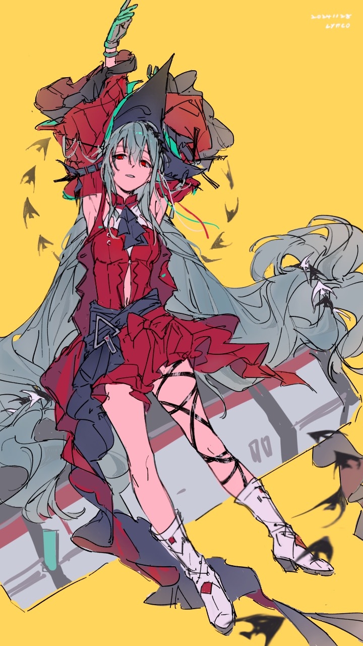 1girl angelfish aqua_gloves aqua_hat arknights armpits arms_up artist_name ascot bare_shoulders black_ascot breasts clothing_cutout detached_sleeves dress fish full_body gloves grey_hair hair_between_eyes hat highres leg_ribbon lengdong_shui_xi_chong long_hair long_sleeves looking_at_viewer navel_cutout official_alternate_costume pointy_hat red_dress red_eyes red_sleeves ribbon skadi_(arknights) skadi_the_corrupting_heart_(arknights) solo standing tropical_fish very_long_hair yellow_background