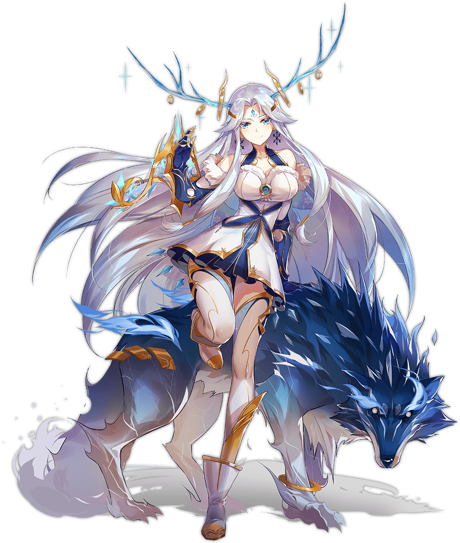 1girl antlers ark_order bare_shoulders blue_fur blue_gloves boots breasts detached_sleeves dress earrings full_body fur-trimmed_sleeves fur_trim gloves gold_trim horn_ornament horn_ring horns jewelry large_breasts long_hair long_sleeves looking_at_viewer official_art parted_bangs see-through_clothes see-through_legwear sidelocks silver_hair skadi_(ark_order) smile snowflake_earrings snowflake_print solo sparkle spirit tachi-e thighhighs transparent_background very_long_hair weapon white_boots white_dress white_thighhighs wolf