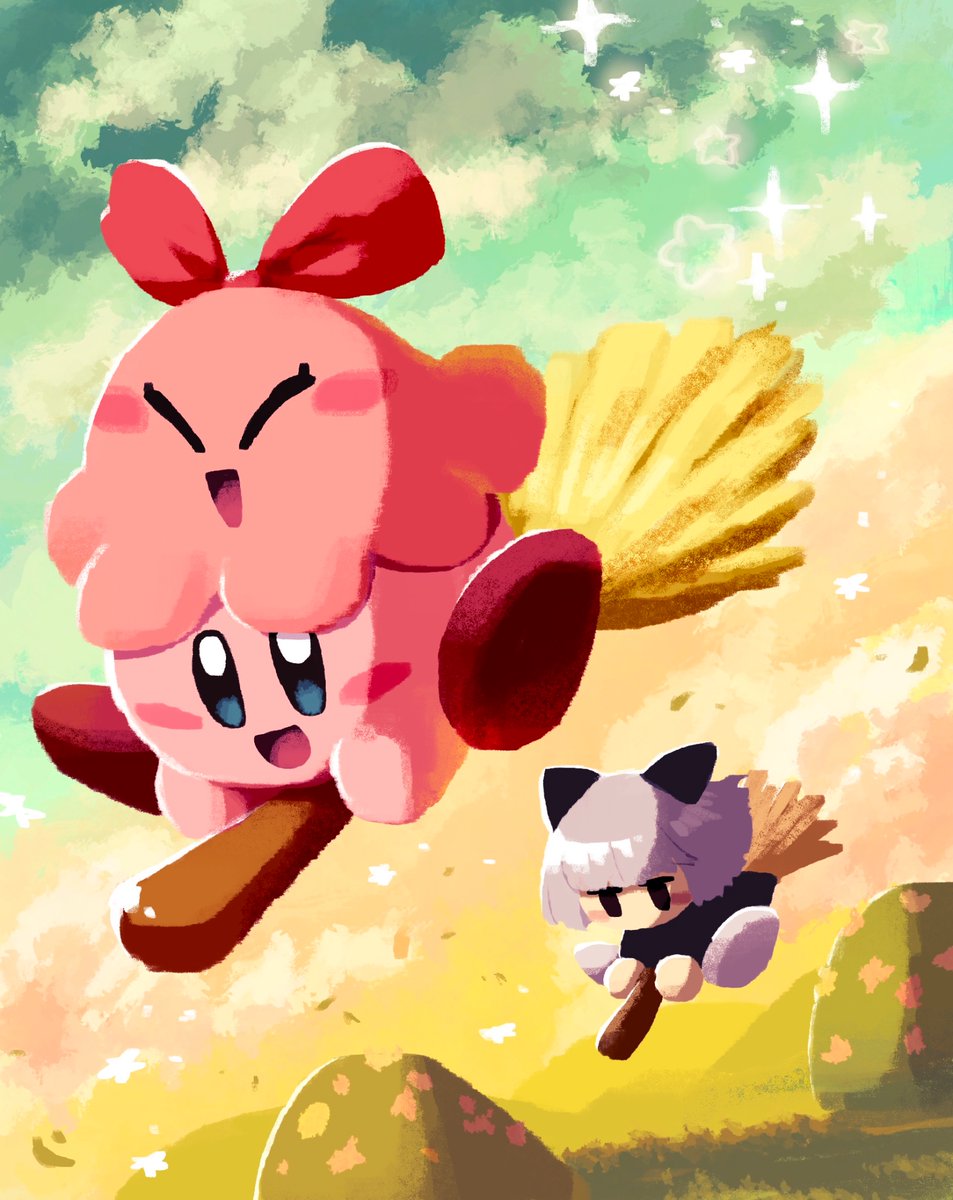 :d aruco_co black_dress black_eyes blue_eyes blunt_bangs blush blush_stickers bow broom broom_riding chuchu_(kirby) closed_eyes cloud cloudy_sky commentary dress gradient_sky grass grey_hair happy highres hill keke_(kirby) kirby kirby_(series) nintendo no_humans on_head open_mouth outdoors red_bow short_hair sky smile sparkle star_(symbol) sunset symbol-only_commentary twilight