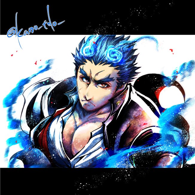 1boy bara black_border blue_fire blue_hair border collared_shirt commentary_request cross_scar facial_scar fiery_horns fire forked_eyebrows furrowed_brow gakuran hair_slicked_back horns kano_(kano_to10) large_pectorals letterboxed light_particles long_sideburns looking_at_viewer male_focus muscular muscular_male outside_border partially_unbuttoned pectoral_cleavage pectorals red_eyes revision sakimori_toji scar scar_on_cheek scar_on_face school_uniform serious shirt short_hair sideburns solo thick_eyebrows tokyo_houkago_summoners twitter_username upper_body white_background white_shirt