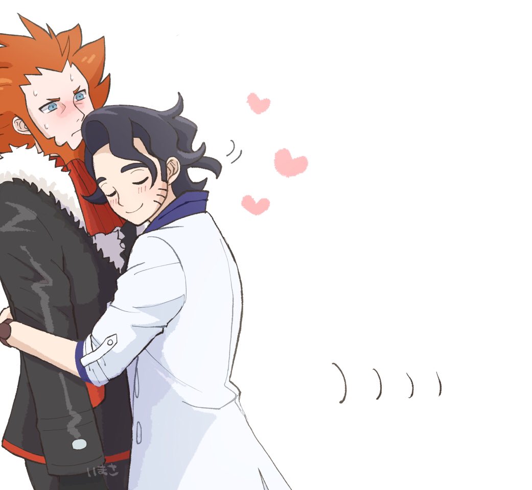2boys professor_sycamore beard black_gloves black_hair blue_eyes closed_eyes closed_mouth commentary_request curly_hair facial_hair from_side fur-trimmed_jacket fur_trim gloves heart hug im_i_masa jacket lab_coat lysandre_(pokemon) male_focus motion_lines multiple_boys nintendo orange_hair pokemon pokemon_xy shirt smile sweat team_flare white_background