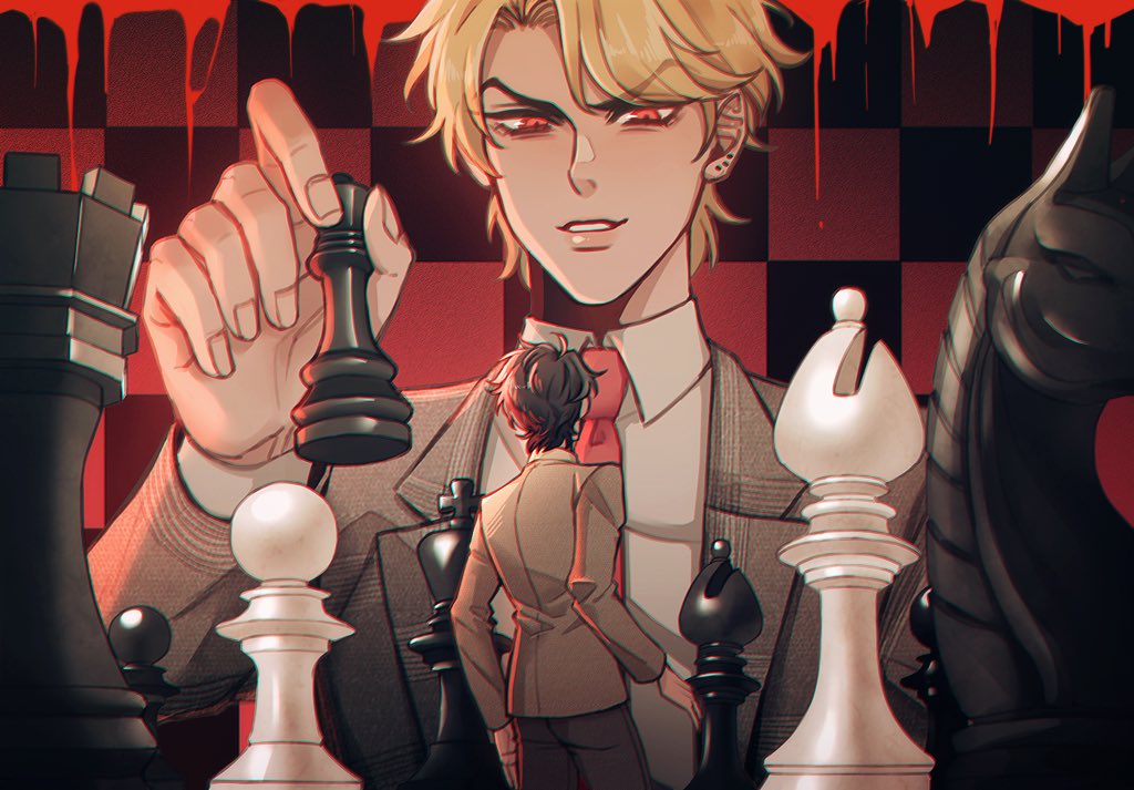 2boys aged_down bishop_(chess) blonde_hair blood blue_hair board_game chess chess_piece chessboard commentary_request dio_brando ear_birthmark hako_iix07 holding jacket jojo_no_kimyou_na_bouken jonathan_joestar knight_(chess) long_sleeves looking_at_another male_focus multiple_boys pawn_(chess) phantom_blood queen_(chess) red_eyes rook_(chess) shirt short_hair smile
