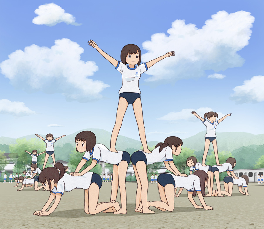 6+girls barefoot blue_buruma blue_sky brown_hair buruma cloud cloudy_sky gym_uniform human_pyramid kiyo_(kyokyo1220) multiple_girls original outdoors ponytail shirt short_hair sky t-shirt twintails white_shirt