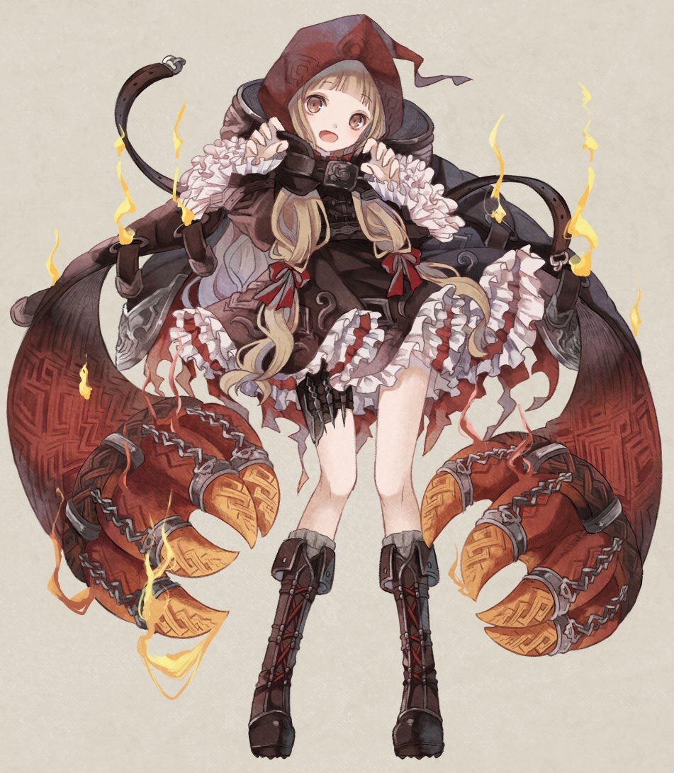 1girl belt_buckle blonde_hair brown_eyes buckle claw_pose cloak commentary cross-laced_footwear dagger dress fire frilled_dress frilled_sleeves frills full_body head_tilt hood hooded_cloak knife long_hair looking_at_viewer low-tied_long_hair open_mouth oro_ponzu pigeon-toed red_riding_hood_(sinoalice) simple_background sinoalice smile standing thigh_strap weapon
