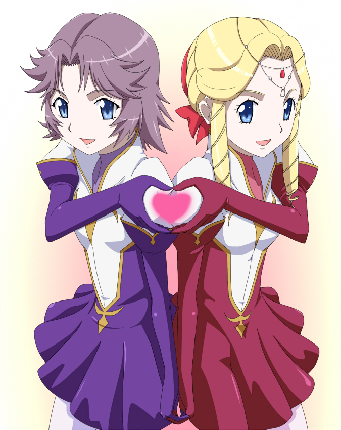 2girls banpresto blonde_hair blue_eyes bodysuit drill_hair heart heart_hands heart_hands_duo holding_hands latune_subbota multiple_girls pilot_suit purple_hair shine_hausen short_hair simple_background super_robot_wars super_robot_wars_original_generation yoshida_keiji