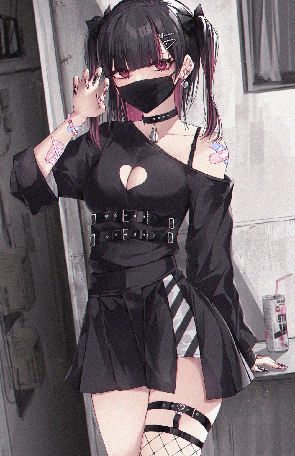 1girl bandaid bandaid_on_arm bare_shoulders black_choker black_hair black_shirt breasts character_request choker claw_pose cleavage cleavage_cutout clothing_cutout copyright_request hair_ornament hairpin hand_up highres kanju mask medium_breasts mouth_mask purple_eyes shirt skirt solo thighhighs zettai_ryouiki