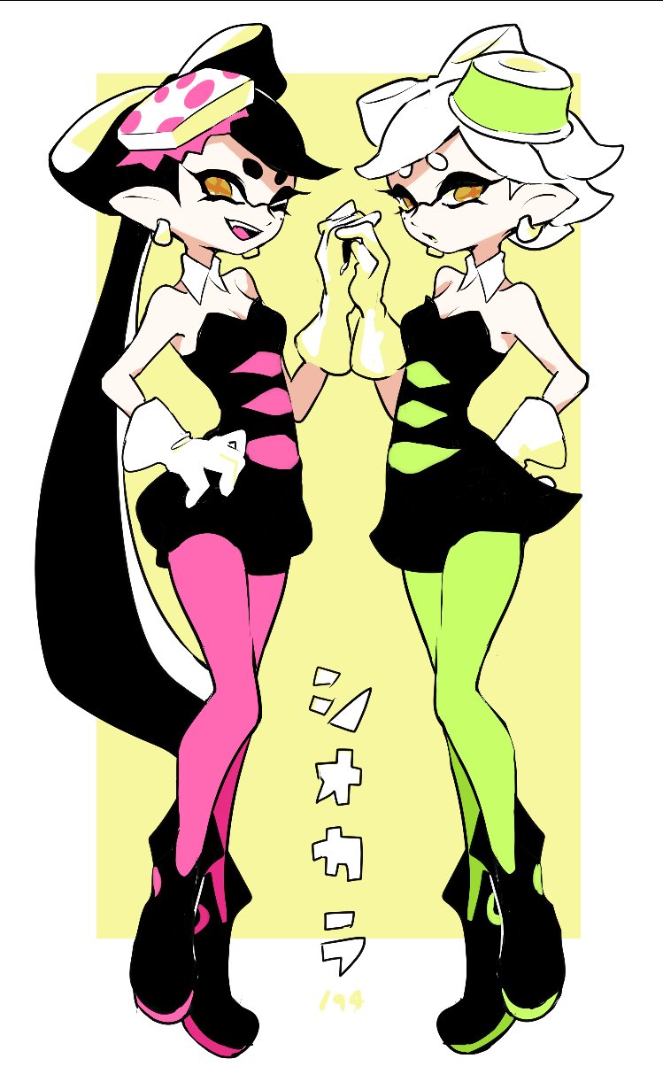 2girls ankle_boots bare_shoulders black_boots black_dress black_hair black_jumpsuit boots bow-shaped_hair breasts callie_(splatoon) collar commentary_request cross-shaped_pupils detached_collar dress earrings full_body gloves green_pantyhose hand_on_own_hip highres holding_hands imaikuy0 inkling jewelry jumpsuit long_hair looking_at_viewer marie_(splatoon) mole mole_under_eye multiple_girls nintendo one_eye_closed open_mouth orange_eyes pantyhose pink_pantyhose pointy_ears short_hair short_jumpsuit smile splatoon_(series) standing strapless strapless_dress swept_bangs symbol-shaped_pupils tentacle_hair very_long_hair white_collar white_gloves white_hair