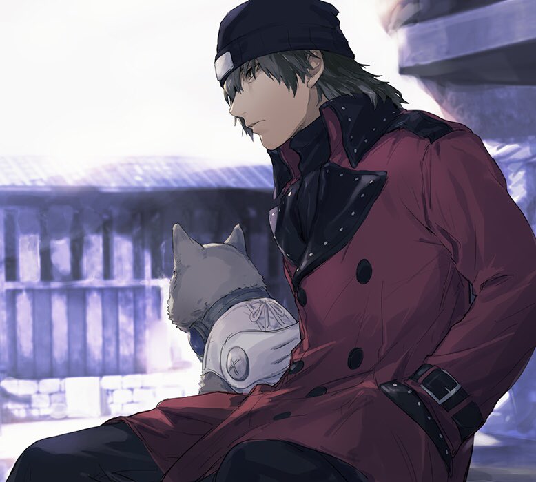 1boy animal aragaki_shinjirou arm_belt beanie belt belt_buckle black_belt black_hat black_pants black_shirt brown_eyes brown_hair buckle building buttons closed_mouth coat collared_coat commentary_request dog fake_wings grey_fur hand_in_pocket hat isa_(peien516) koromaru_(persona) lapels long_sleeves looking_ahead male_focus medium_hair outdoors pants persona persona_3 red_coat shirt sitting turtleneck wing_collar wings