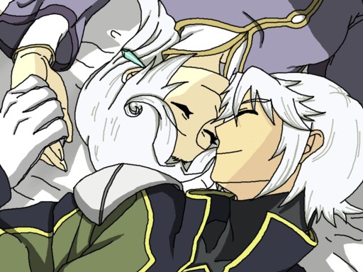 1boy 1girl breasts closed_eyes coat dios_(tales) earrings gloves jewelry long_hair meltia_(tales) short_hair smile tales_of_(series) tales_of_phantasia:_narikiri_dungeon tales_of_phantasia:_narikiri_dungeon_x white_hair