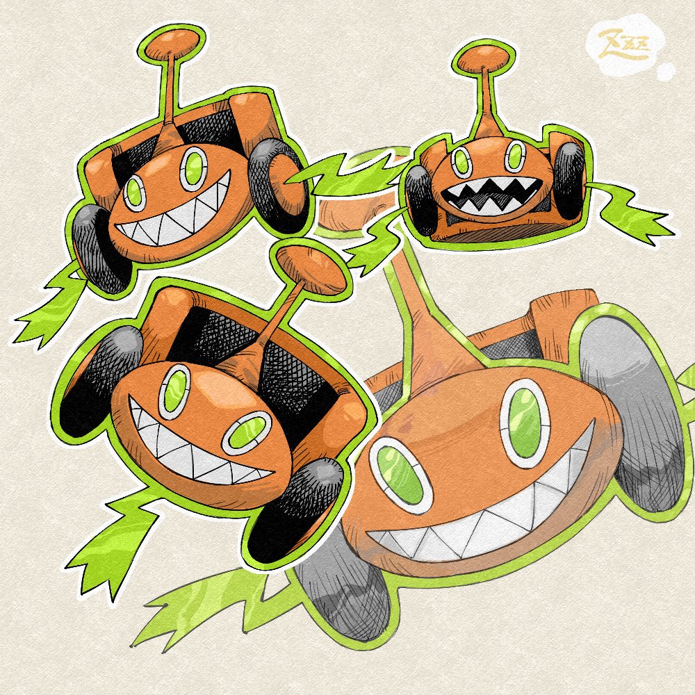 commentary_request gen_4_pokemon grin looking_at_viewer multiple_views nintendo no_humans open_mouth outline oyasuminjyutsu pokemon pokemon_(creature) rotom rotom_(mow) signature smile teeth