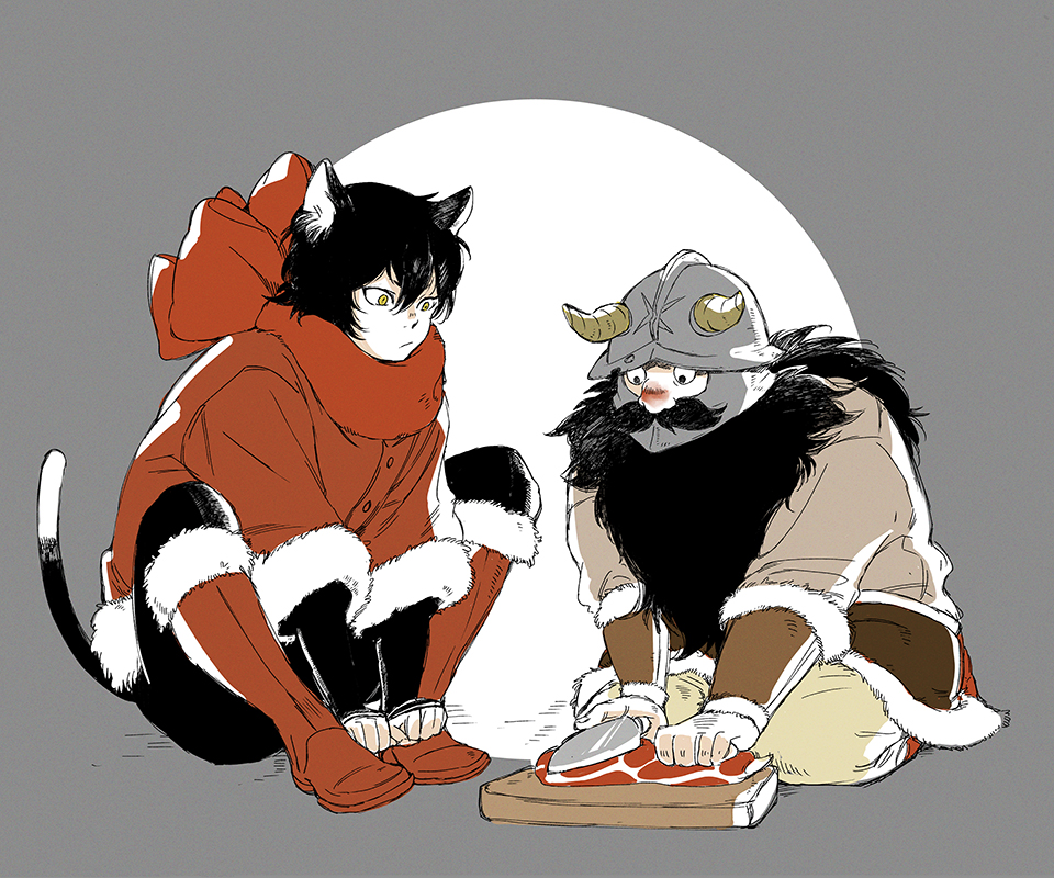1boy 1girl animal_ears beard black_hair black_pants boots cat_ears cat_girl cat_tail covered_mouth cutting cutting_board dungeon_meshi dwarf facial_hair fake_horns food full_body fur-trimmed_boots fur-trimmed_sleeves fur_trim grey_background helmet holding holding_knife horned_helmet horns inorenkon izutsumi jacket knee_boots knees_up knife long_beard long_sleeves looking_down meat mismatched_animal_ear_colors mustache pants red_footwear red_jacket red_scarf scarf seiza senshi_(dungeon_meshi) short_hair sitting tail winter_clothes yellow_eyes