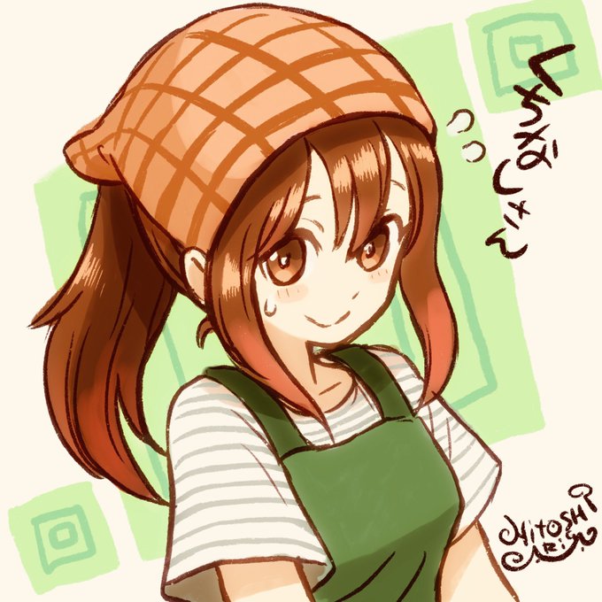 1girl apron ariga_hitoshi artist_name blush brown_eyes brown_hair character_name collarbone commentary_request flying_sweatdrops green_apron headscarf kuchibeta_shokudou kuchinashi_hiyono long_hair orange_headscarf ponytail second-party_source shirt short_sleeves sidelocks signature smile solo square_print striped_clothes striped_shirt sweatdrop t-shirt tenugui upper_body waitress white_shirt