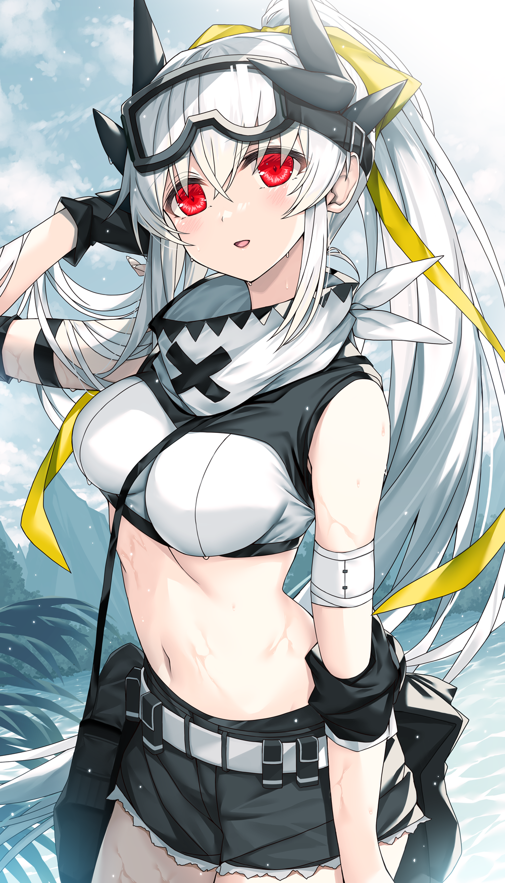 1girl blush breasts dragon_girl dragon_horns fate/grand_order fate_(series) highres horns kiyohime_(fate) kiyohime_(jurassic_dream)_(fate) kiyohime_(third_ascension)_(fate) long_hair looking_at_viewer medium_breasts morizono_shiki multiple_horns red_eyes solo thighs white_hair
