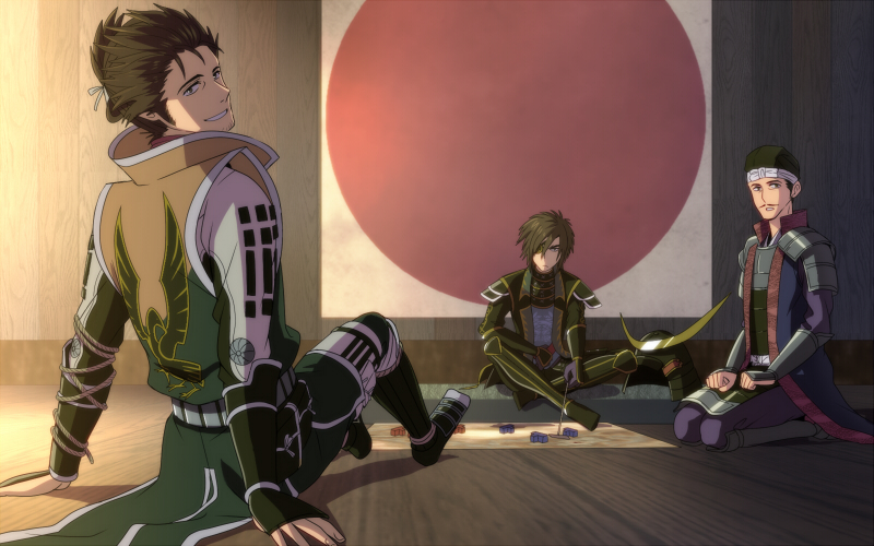 armor brown_hair coat date_masamune eyepatch helmet japanese_flag kajiwara_io katakura_kojuurou kneeling male_focus map saika_magoichi sengoku_musou sitting swept_bangs