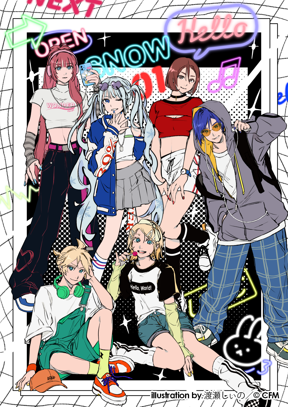 2boys 39 4girls ;) ankle_socks arm_at_side arm_behind_back arm_support arm_warmers arrow_(symbol) backpack bag baggy_pants baseball_cap beamed_eighth_notes belt bent_over between_legs black_choker black_pants black_socks blonde_hair blue_eyes blue_hair blue_jacket blue_nails blue_pants blunt_bangs bob_cut breasts brown_eyes brown_hair candy cellphone checkered_background checkered_shoes choker cleavage cleavage_cutout clothes_writing clothing_cutout colored_eyelashes colorful contrapposto copyright_notice crop_top dark_blue_hair denim denim_shorts detached_sleeves dolphin_shorts double_vertical_stripe drawstring earbuds earphones earrings elbow_on_knee elbow_rest english_text eyewear_on_head fingernails flat_chest food foot_up full_body green_overalls grey_jacket grey_skirt grid_background grin hair_between_eyes hair_over_shoulder halftone halftone_background hand_between_legs hand_on_own_head hand_to_own_mouth hand_up hat hatsune_miku head_tilt headphones headphones_around_neck heart heart-shaped_eyewear high_ponytail highres holding holding_candy holding_food holding_lollipop holding_phone hood hood_up hooded_jacket hoop_earrings jacket jewelry kagamine_len kagamine_rin kaito_(vocaloid) knee_up kneehighs knees_together_feet_apart large_breasts leg_warmers legs_apart letterman_jacket light_blue_hair lollipop long_hair looking_at_viewer medium_breasts megurine_luka meiko_(vocaloid) midriff midriff_peek multiple_boys multiple_girls musical_note navel neon_lights non7 on_floor one_eye_closed open_clothes open_jacket open_sign orange-tinted_eyewear orange_headwear overall_shorts overalls pants parted_bangs partially_unzipped phone pink_belt pink_hair plaid_clothes plaid_pants platform_footwear pleated_skirt ponytail raglan_sleeves red_nails see-through_clothes see-through_sleeves shirt shoelaces shoes short_ponytail short_sleeves shorts sideboob simple_background single_horizontal_stripe sitting skirt smartphone smartphone_case smile smirk sneakers socks sparkle speech_bubble standing standing_on_one_leg strap_slip sunglasses tinted_eyewear triple_horizontal_stripe turtleneck_crop_top twintails two-sided_fabric two-sided_jacket two-tone_background unworn_hat unworn_headwear v_arms vans very_long_hair vocaloid watch white_footwear white_shirt white_socks wide_sleeves wristband wristwatch yellow_nails yellow_sleeves yellow_socks yuki_miku zipper