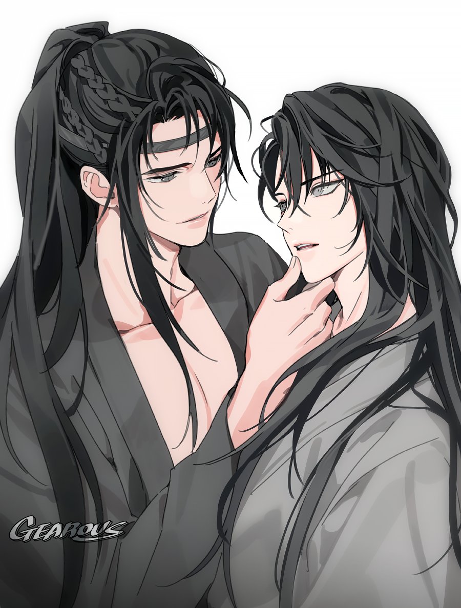 2boys artist_name black_hair black_hanfu black_headband braid chinese_clothes collarbone eye_contact gearous grabbing_another&#039;s_chin grey_eyes grey_hanfu hand_on_another&#039;s_chin hanfu headband long_hair long_sleeves looking_at_another male_focus multiple_boys open_mouth parted_lips ponytail qiang_jin_jiu robe shen_zechuan simple_background upper_body white_background xiao_chiye yaoi