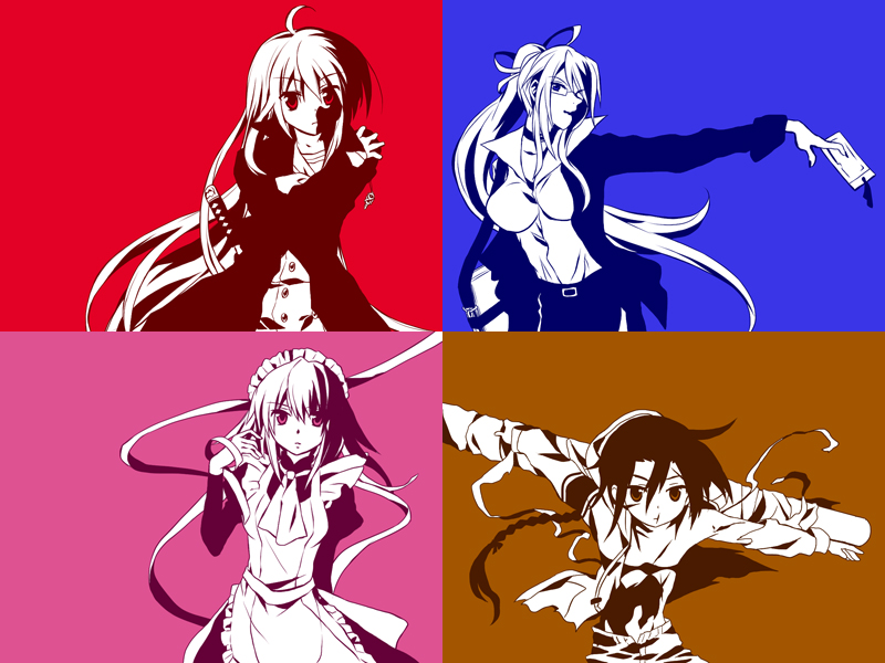 1boy 3girls alastor_(shakugan_no_shana) jewelry khamsin_nbh&#039;w maid marchosias margery_daw monochrome multiple_girls parody pendant saiyuki school_uniform serafuku shakugan_no_shana shana sword tachitsu_teto weapon wilhelmina_carmel