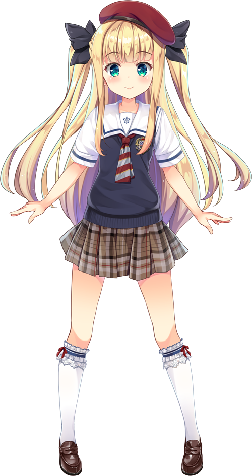 1girl beret black_bow blonde_hair blue_sweater_vest blunt_bangs blush bow brown_shoes brown_skirt closed_mouth collarbone diagonal-striped_clothes diagonal-striped_necktie fleur-de-lis full_body green_eyes hair_bow hands_on_own_hips hat kneehighs legs_apart loafers long_hair looking_at_viewer moeki_yuuta mononobe_alice mononobe_alice_(3rd_costume) necktie nijisanji official_art plaid_clothes plaid_skirt pleated_skirt red_hat red_necktie sailor_collar school_emblem school_uniform shirt shoes short_sleeves sidelocks skirt smile socks solo standing striped_clothes striped_necktie sweater_vest tachi-e transparent_background twintails two-tone_necktie two_side_up very_long_hair virtual_youtuber white_necktie white_sailor_collar white_shirt white_socks