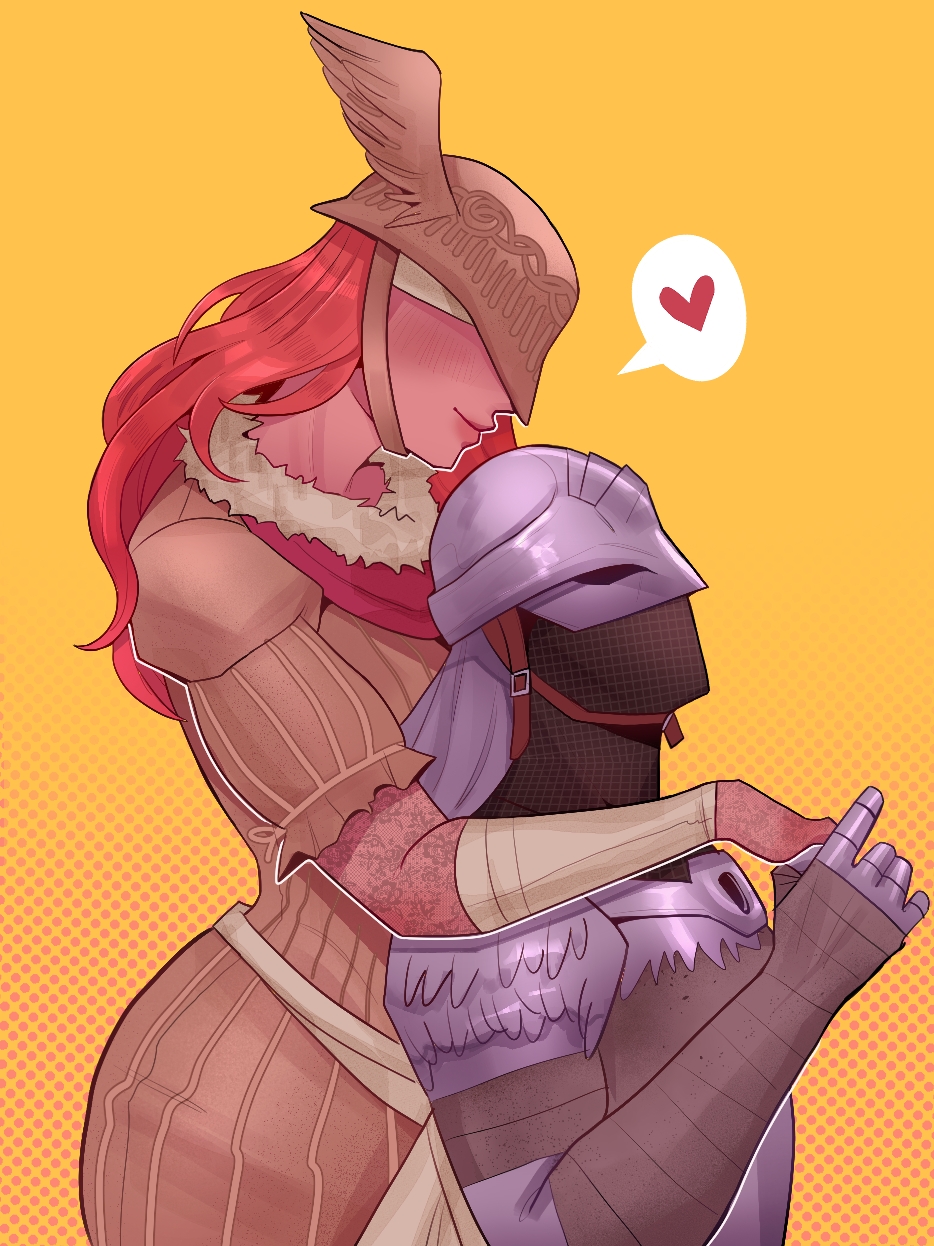 1girl 1other armor bloody_wolf_(elden_ring) blush covered_eyes dress elden_ring helmet highres long_hair malenia_blade_of_miquella mukkiw red_hair scar size_difference smile tarnished_(elden_ring) very_long_hair winged_helmet