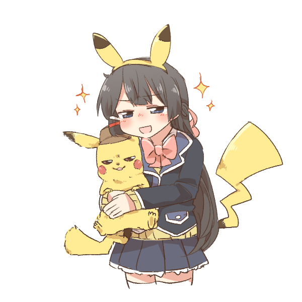 1girl :d animal_ears black_hair black_jacket black_skirt blazer blue_eyes blush bow brown_hat brown_sweater chibi crossover detective_pikachu_(character) detective_pikachu_(series) game_freak gen_1_pokemon hair_ornament hairband hairclip half-closed_eyes hat hug jacket looking_at_viewer nijisanji nintendo open_mouth pikachu pikachu_ears pikachu_tail pink_bow pleated_skirt pokemon pokemon_(creature) pokemon_tail rebecca_(keinelove) school_uniform simple_background skirt smile sparkle sweater tail thighhighs tsukino_mito tsukino_mito_(1st_costume) v-shaped_eyebrows virtual_youtuber white_background white_thighhighs yellow_hairband