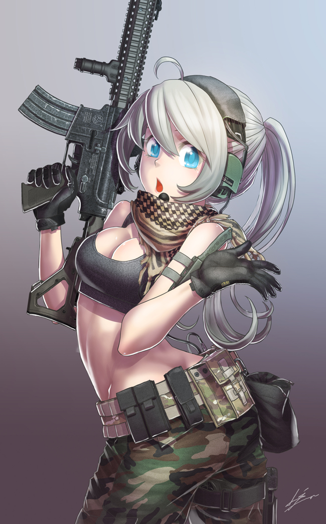 1girl ahoge aqua_eyes ar-15 artistic_error assault_rifle bad_anatomy breasts butt_crack camouflage camouflage_pants cleavage duplicate extra_digits female_focus gloves gun headset holster knife kws md5_mismatch medium_breasts military open_mouth original pants ponytail rifle scarf signature silver_hair solo sports_bra thigh_holster trigger_discipline twisted_torso vertical_forward_grip weapon