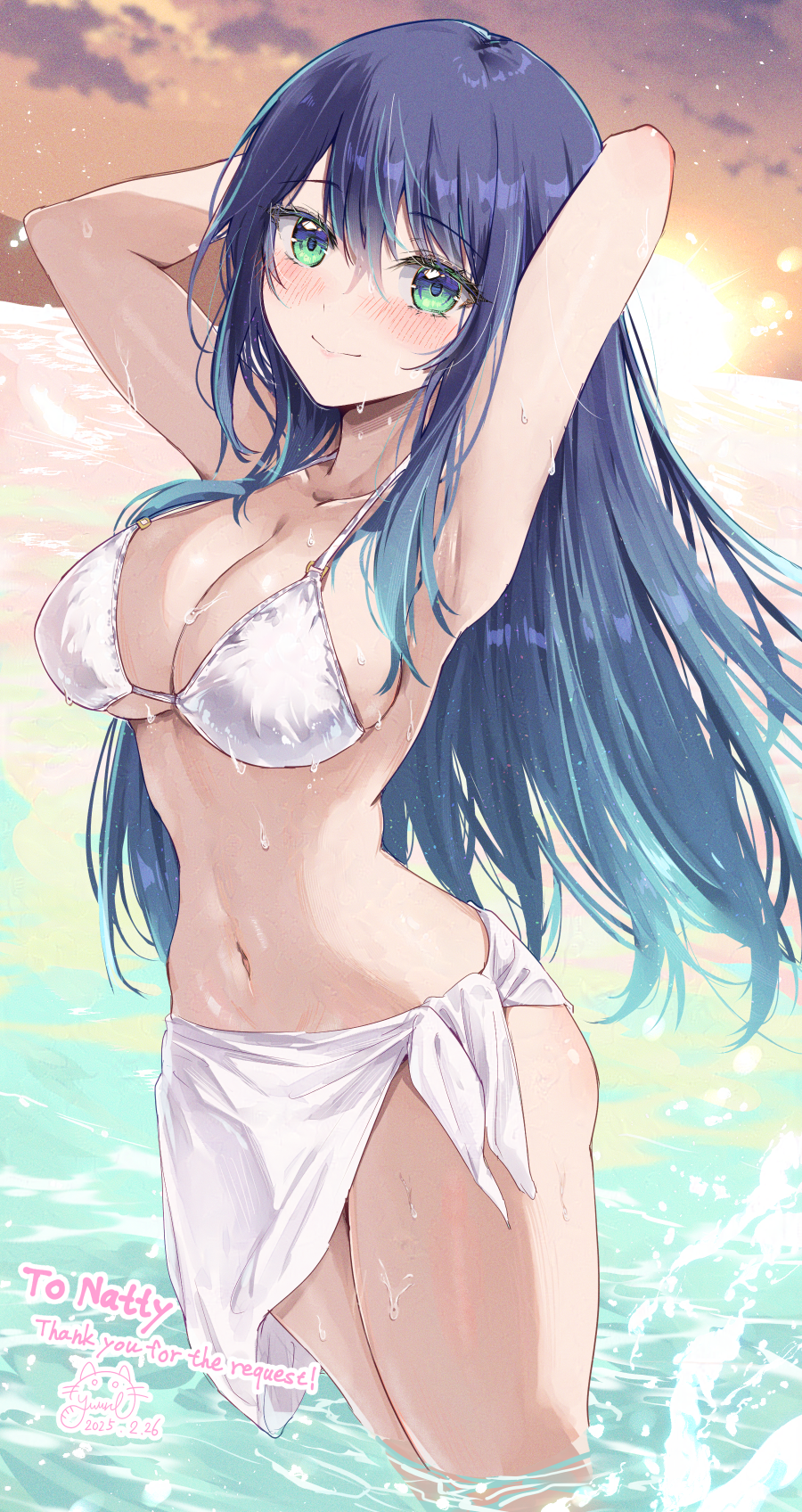 1girl armpits arms_up bikini blue_hair breasts cleavage closed_mouth commission cowboy_shot green_eyes highres kurokawa_akane large_breasts long_hair looking_at_viewer navel oshi_no_ko sarong skeb_commission sky smile solo stomach swimsuit very_long_hair wading water wet white_bikini white_sarong yuuri_(orz_commushows)