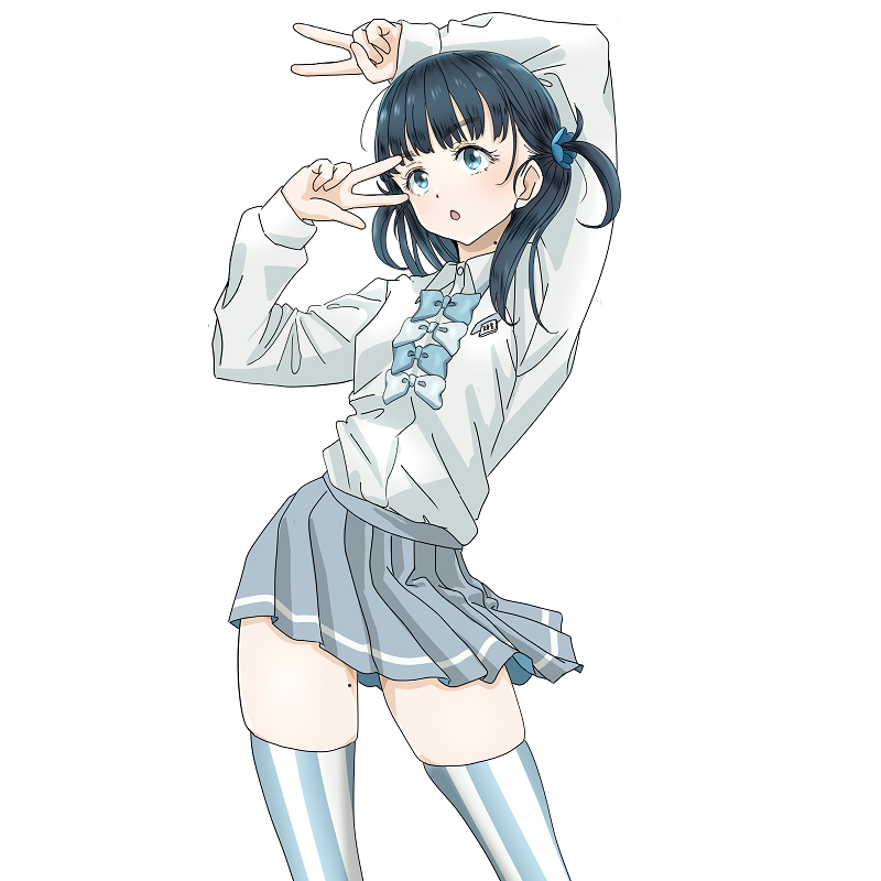 1girl arms_up basori_tiara blue_bow blue_eyes blue_hair bow collared_shirt commentary_request cowboy_shot grey_skirt long_hair long_sleeves make_heroine_ga_oo_sugiru! mole mole_on_neck mole_on_thigh open_mouth partial_commentary pleated_skirt ruri_(ruri_) shirt skirt solo striped_clothes striped_thighhighs thighhighs two_side_up v vertical-striped_clothes vertical-striped_thighhighs w w_over_eye white_shirt